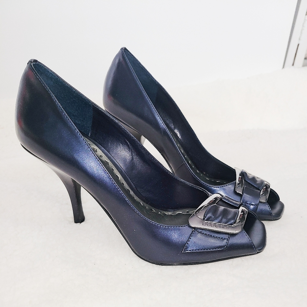 NEW BCBGirls Navy Blue Leather Peep Toe Pumps w/ Buckle  - Size 7